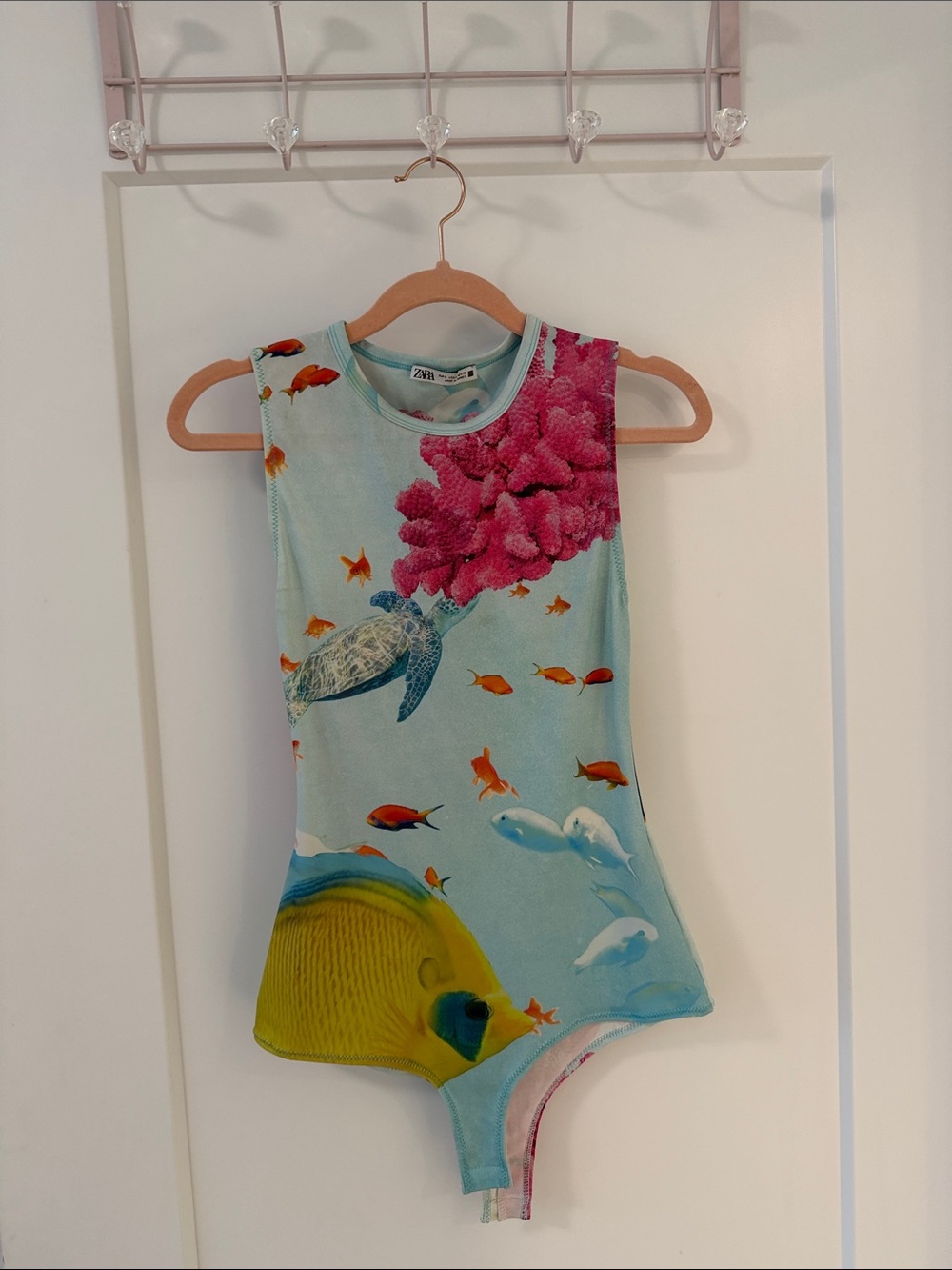 Zara Kids Light Blue One-Piece Swimsuit with Pink Coral and Yellow Fish